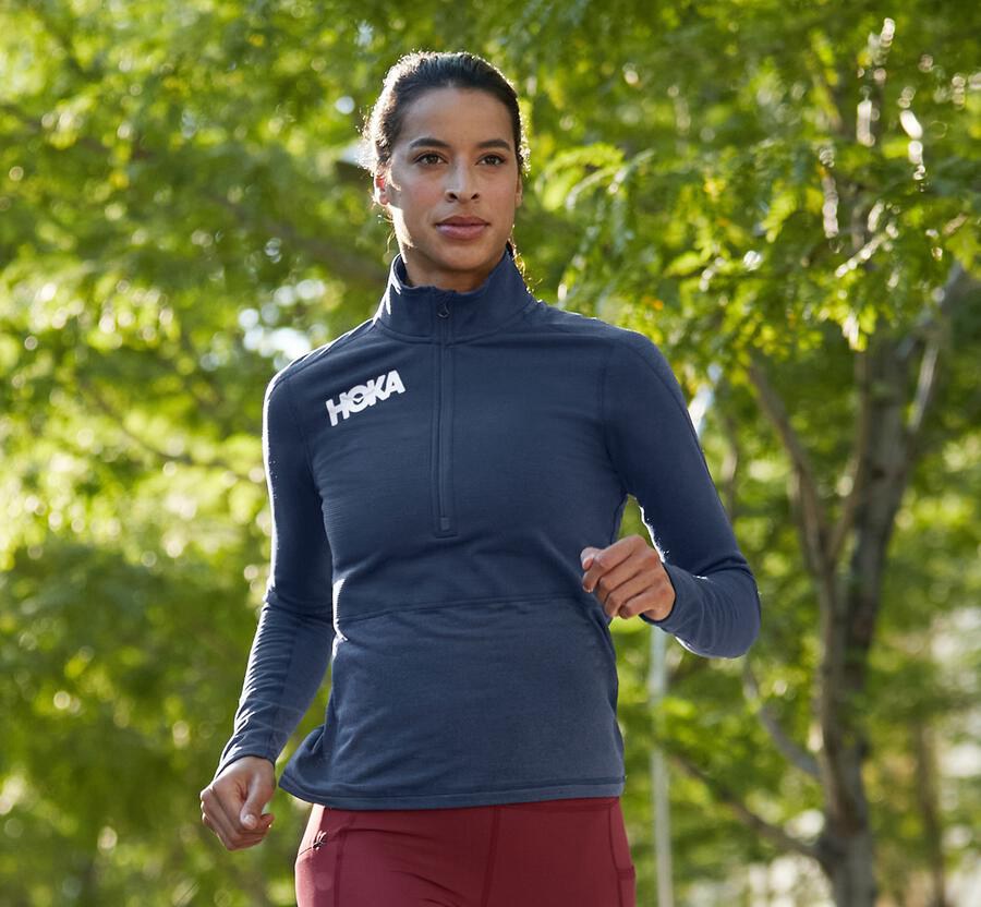 Hoka One One 1/2 Dragkedja Midlayer Top Dam - Marinblå - AYZUO-1482